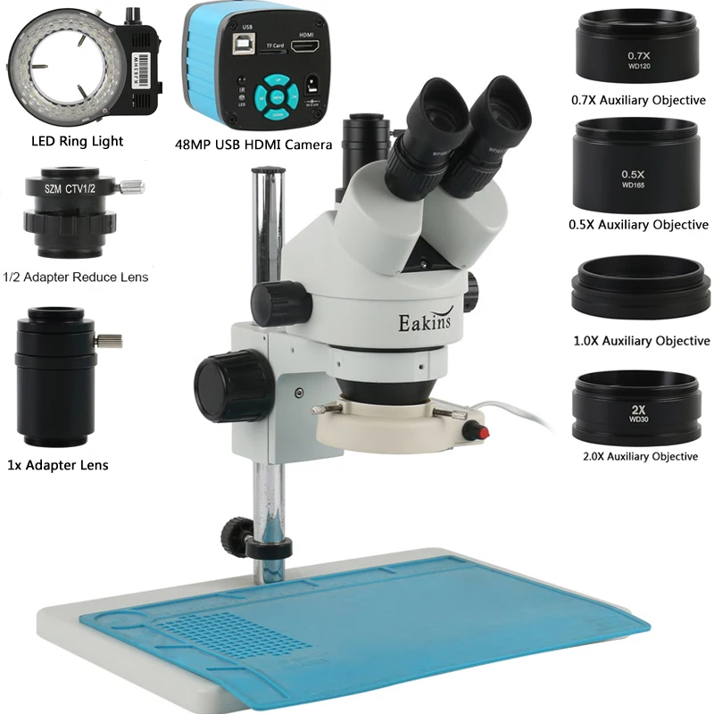 

3.5X-90X Trinocular Microscope Metal Stereo Microscope +1080P 48mp 50mp HDMI USB VGA Video Camera 0.5X 2.0X Auxilliary Objective