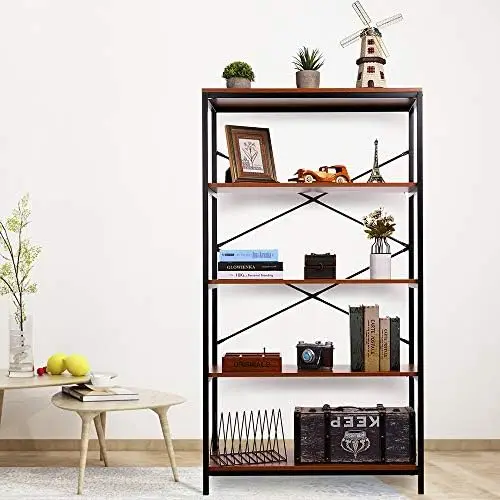 

Bookshelf, Industrial 5 Shelf Bookcase Metal and Wooden Bookshelves, Rustic Bookcase Standing Storage Shelf Organizer Tall Shelv