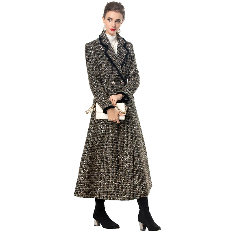DLDENGHAN двубортное твидовое пальто в клетку с блестками для женщин отложным