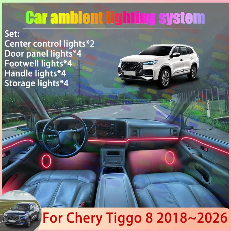 Фото Для Chery Tiggo 8 2018 ~ 2026 MK1 Fownix Grand Tour 2/24 в 1 автомобильный атмосферный светильник RGB абажур ансамбль стример атмосферный набор №1