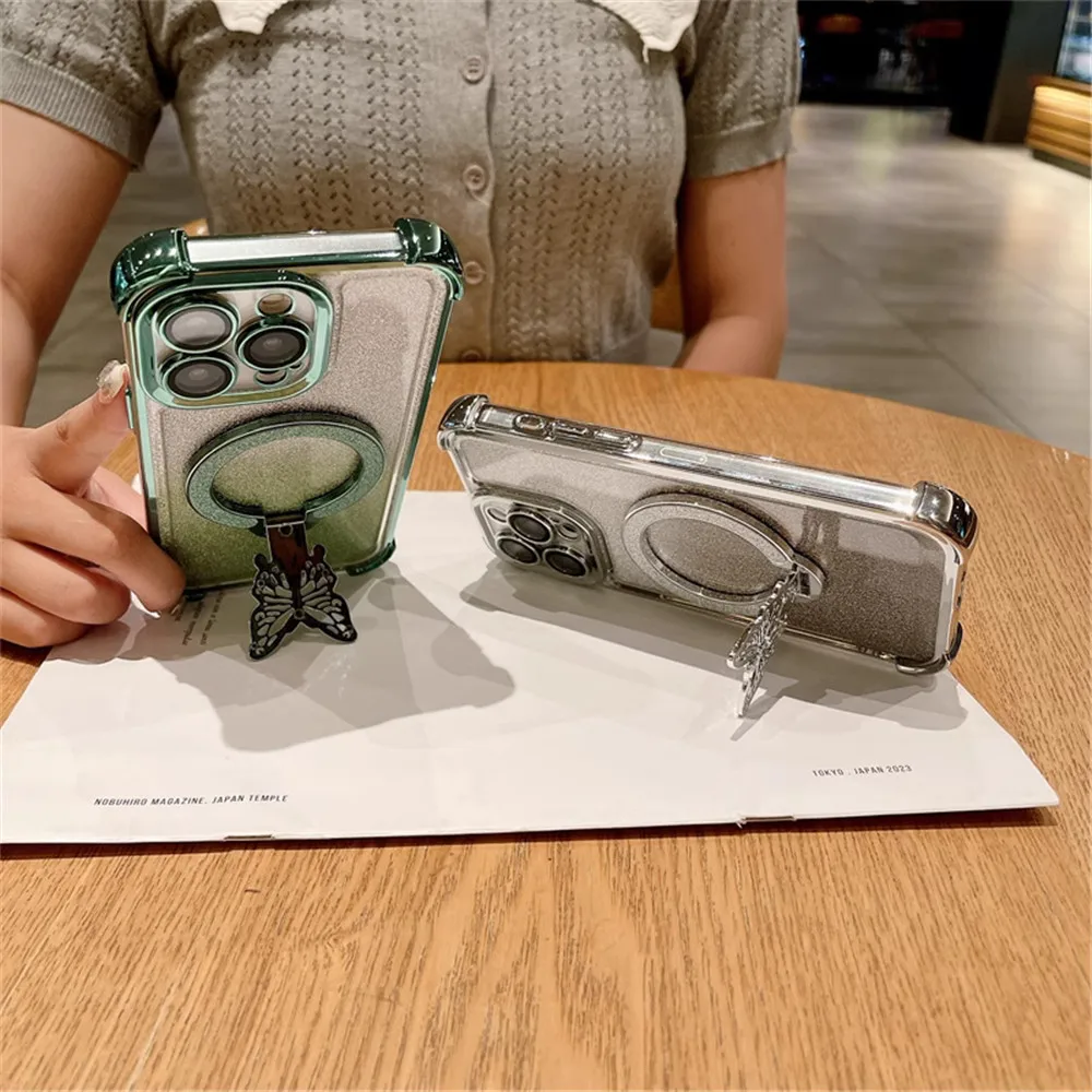 Shockproof Glitter Plating Butterfly Stand Case For Honor 200 100 90 80 70 60 50 Pro Magic 6 Soft Silicon Bracket Back Cover