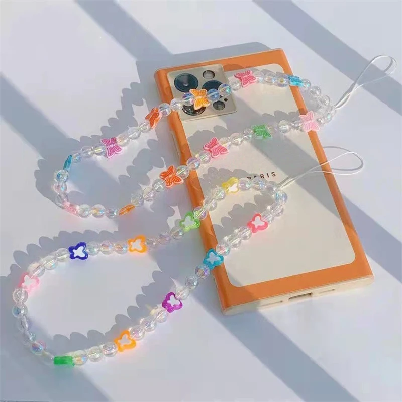 

Cute And Trend Resin Color Butterfly Mobile Phone Anti-Lost Lanyard Women Transparent Beads Telephone Chain Lanyard Jewelry Gift