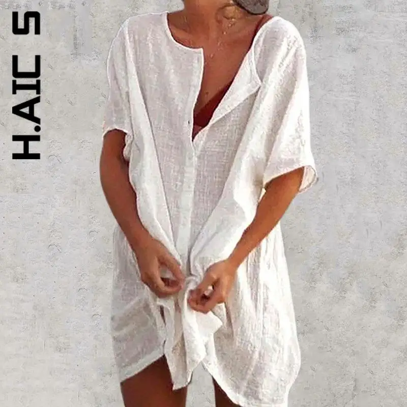 

H.Aic S Fashion Women Dress Cotton Tunics for Beach Women Swimsuit Cover-ups Korean Girl Vestidos Female Dress Woman