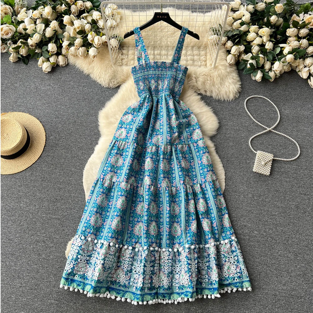 

Женское праздничное пляжное платье SISHION для отпуска, синее облегающее платье миди на бретелях с цветочным принтом, повседневное богемное платье в стиле ретро, SR706, на лето