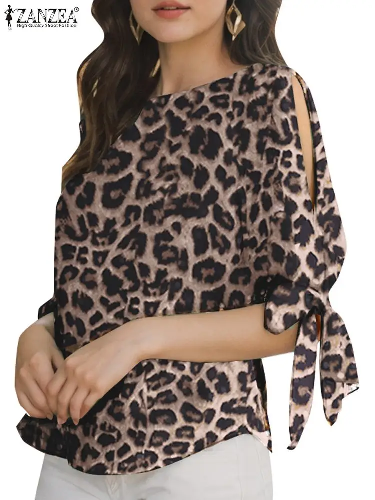 Блузка ZANZEA женская с леопардовым принтом Модная элегантная рубашка коротким