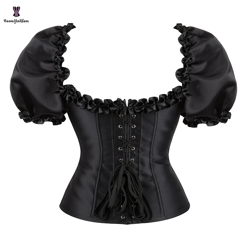 Solid Black Satin Corselet 12 Plastic Boned Lace Up Corset Top With Short Sleeve Plus Size S-6XL Burlesque Gothic Korset Women