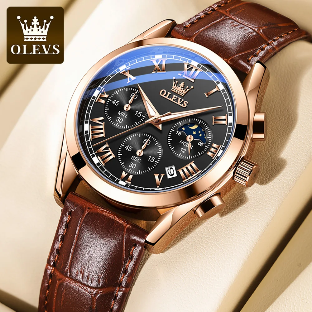 

OLEVS Fashion Quartz Watch For Men Chronograph Waterproof Luminous Men's Watches Moon Phase Original Leather Man Wristwatch