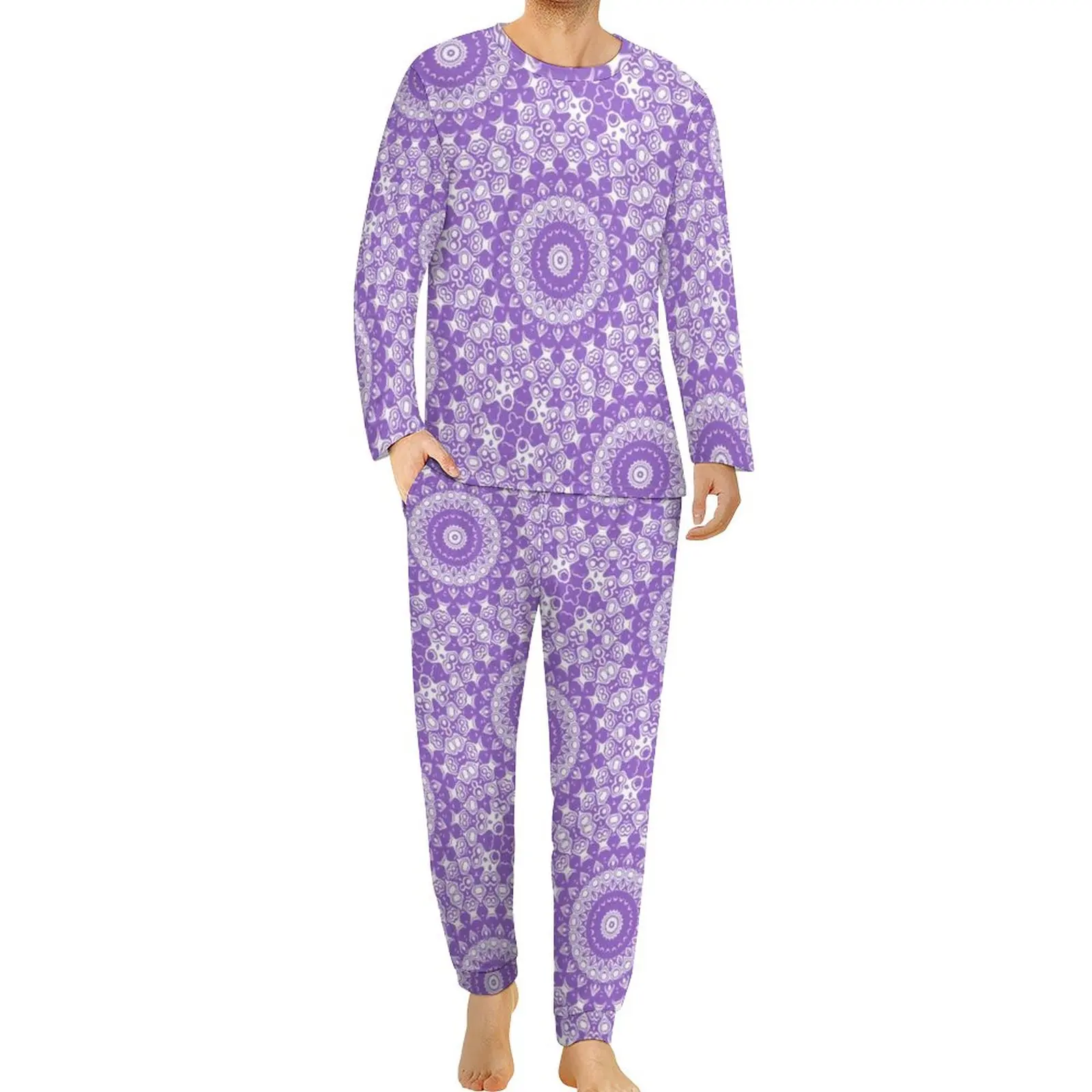 

Amethyst Lavender Mandala Pajamas Men Purple And White Print Teal Floral Cool Nightwear Two Piece Casual Graphic Pajama Sets