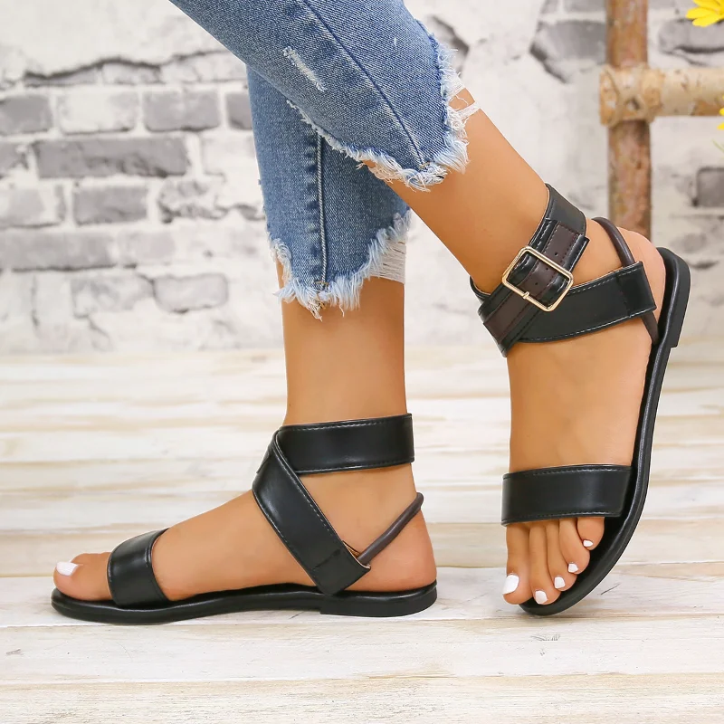 

New Ladies Sandals Leather Buckle Strap Black White Sandals Women Sandals Open Toe Roman Flat Sandals Luxury Party Women Shoes