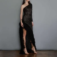 women solid sleeveless asymmetric slim gauze dress fashion tassels elegant sexy long dresses club party female evening dress