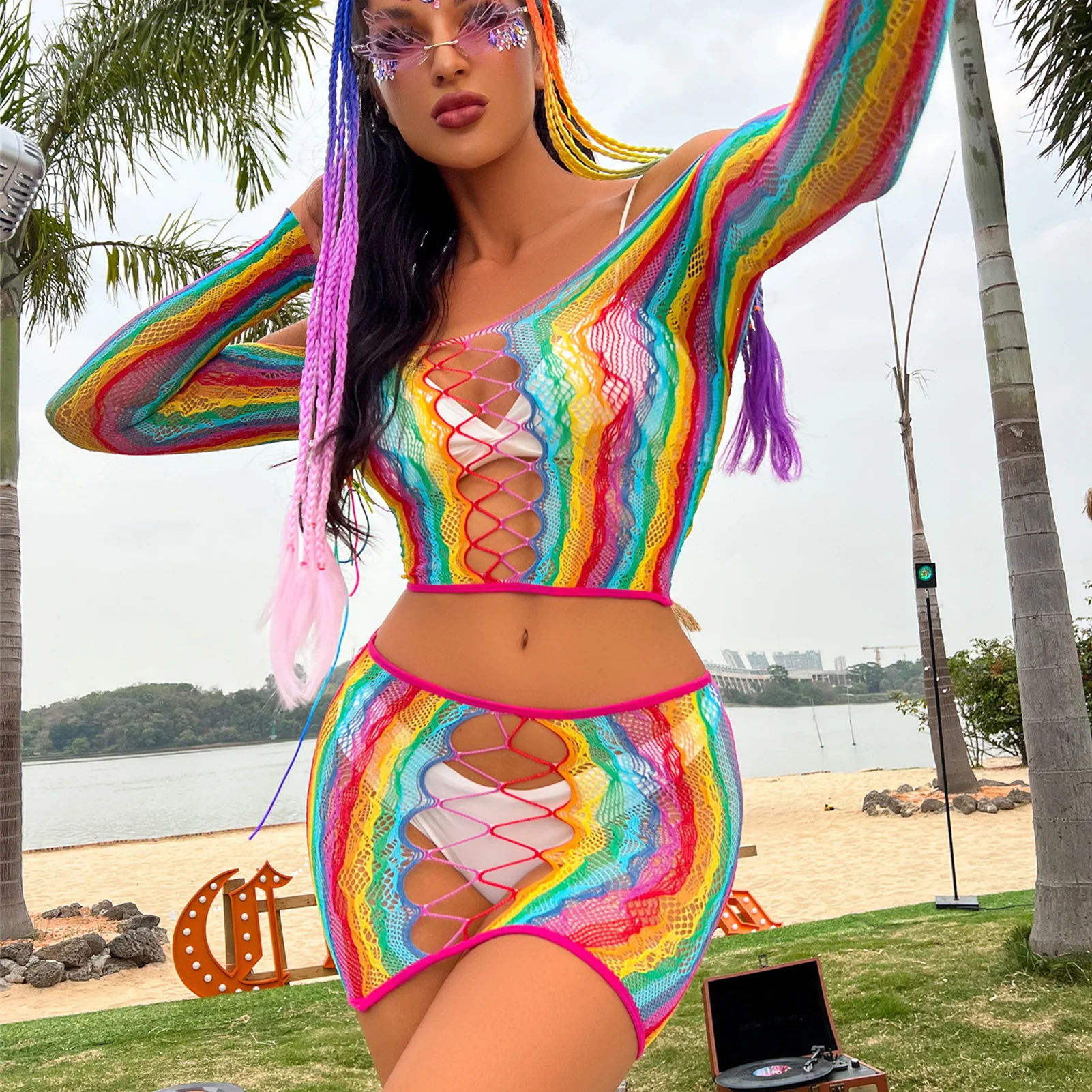 

Hollow Sexy Two Piece Dress Women Midnight Party See Through Elastic Skinny Bodycon Solid One Neck Long Sleeve Clubwear Outfits