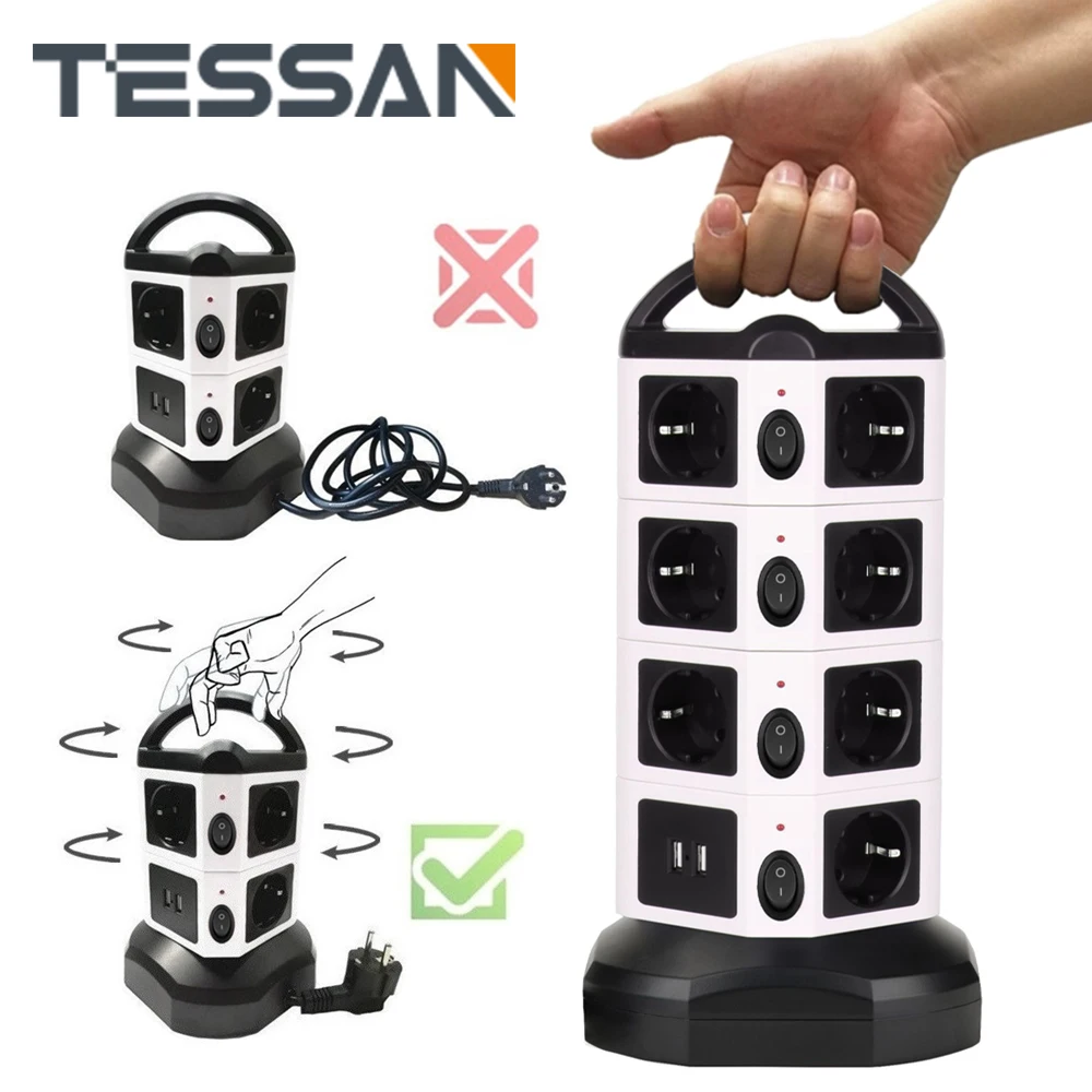 TESSAN EU Plug Vertical Tower Power Strip with 6/10/14 Outlets & 4 USB Ports Individually Switches 2M Retractable Extension Cord