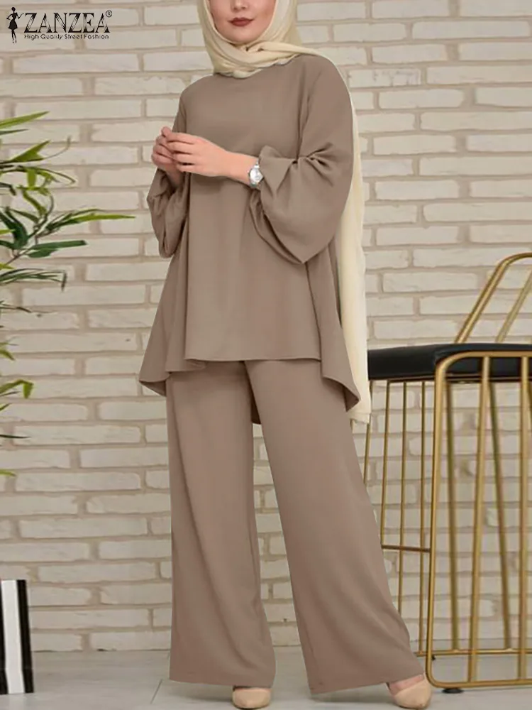

Autumn Elegant Women Matching Set Muslim Fashion Tracksuit Full Sleeve Blouse And Wide Leg Pant Suit Dubai Abayas Turkey Kaftan