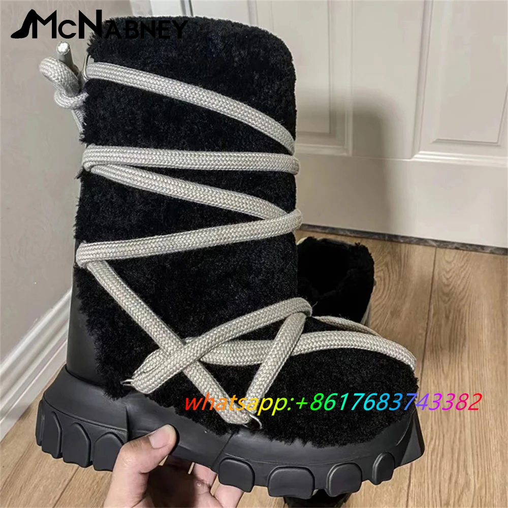 Winter Warm Fashion Boots for Women Fur Lace Up Cross Strap Calf Boots Designer Style Round Toe Shoes High Quality Snow Boots