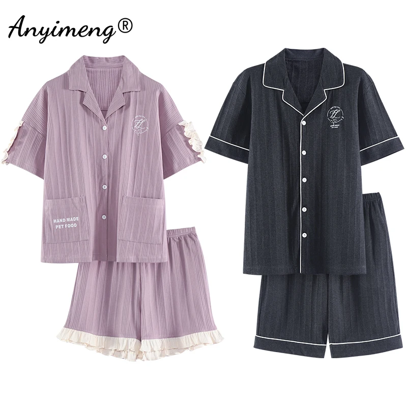 

Новые модные летние Пижамные комплекты для влюбленных, мягкая хлопковая черная и фиолетовая одежда для сна, мужской костюм с отложным ворот...