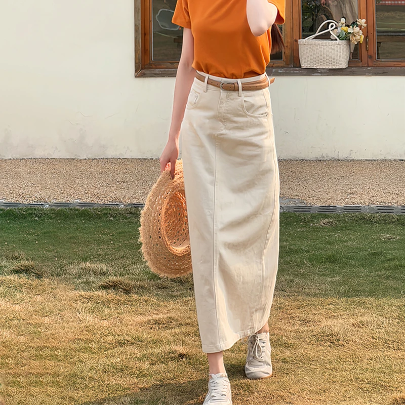 Y2K однотонная женская джинсовая юбка миди с поясом новая милая Женская высокой