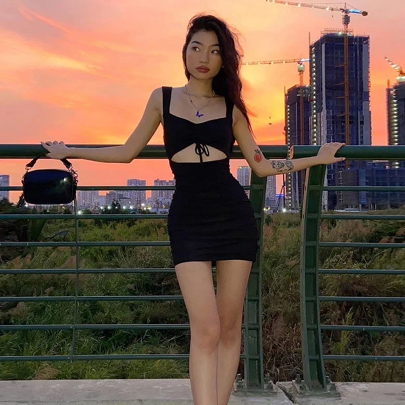 

Sexy Dress Women Hollow Sleeves Slim Black Spring and Summer Fashion Mini Dress Ladies Casual Commuting To Work Party Skirt Y2k