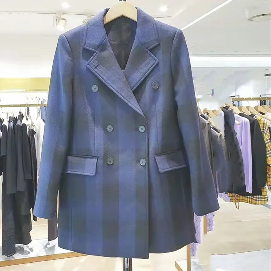 

Fashionable and Elegant Autumn and Winter New Windbreaker Women's Medium and Long Double Breasted Office Plaid Jacket Suit Coat