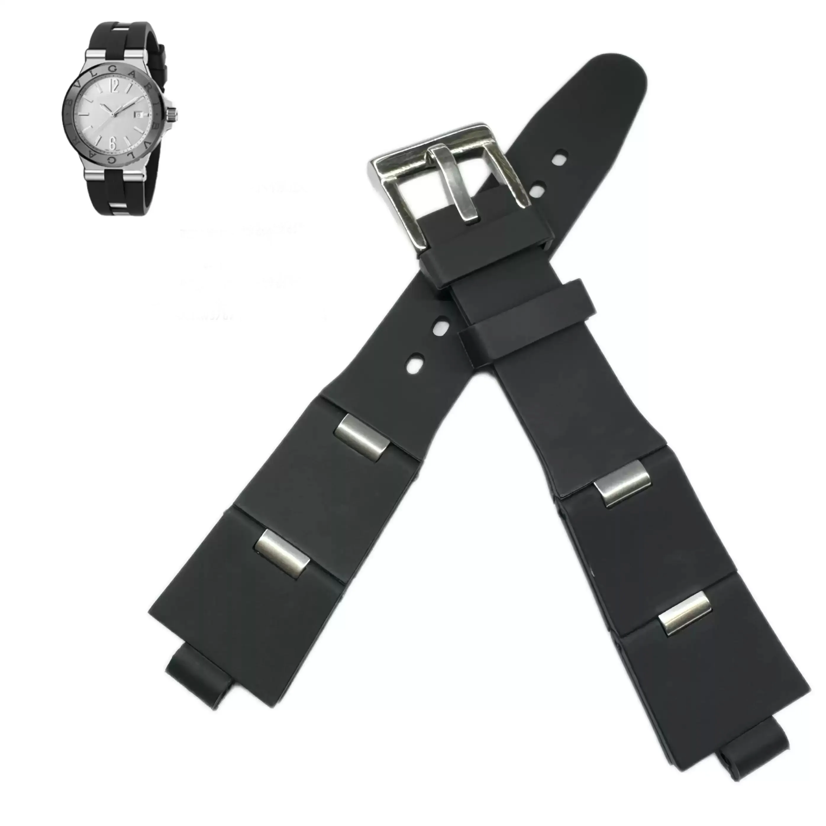 Фото Резиновый силиконовый ремешок для часов Bvlgari с выемкой DP42C14SVDGMT, мужской и женский, черный браслет, аксессуары 22x8 24x8 мм №1