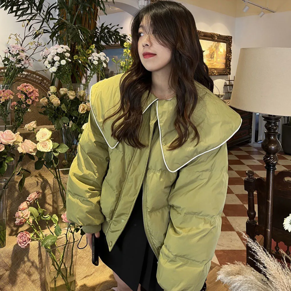 

Korean 2022 New Fashion Women Winter Down Coat Big Lapel Loose Female Parkas Patchwork Sleeve Elegant Outwear Feather Jackets