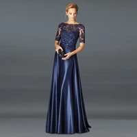 navy blue mother of the bride dress a line satin half sleeves appliques long groom godmother gowns for wedding robe de soiree
