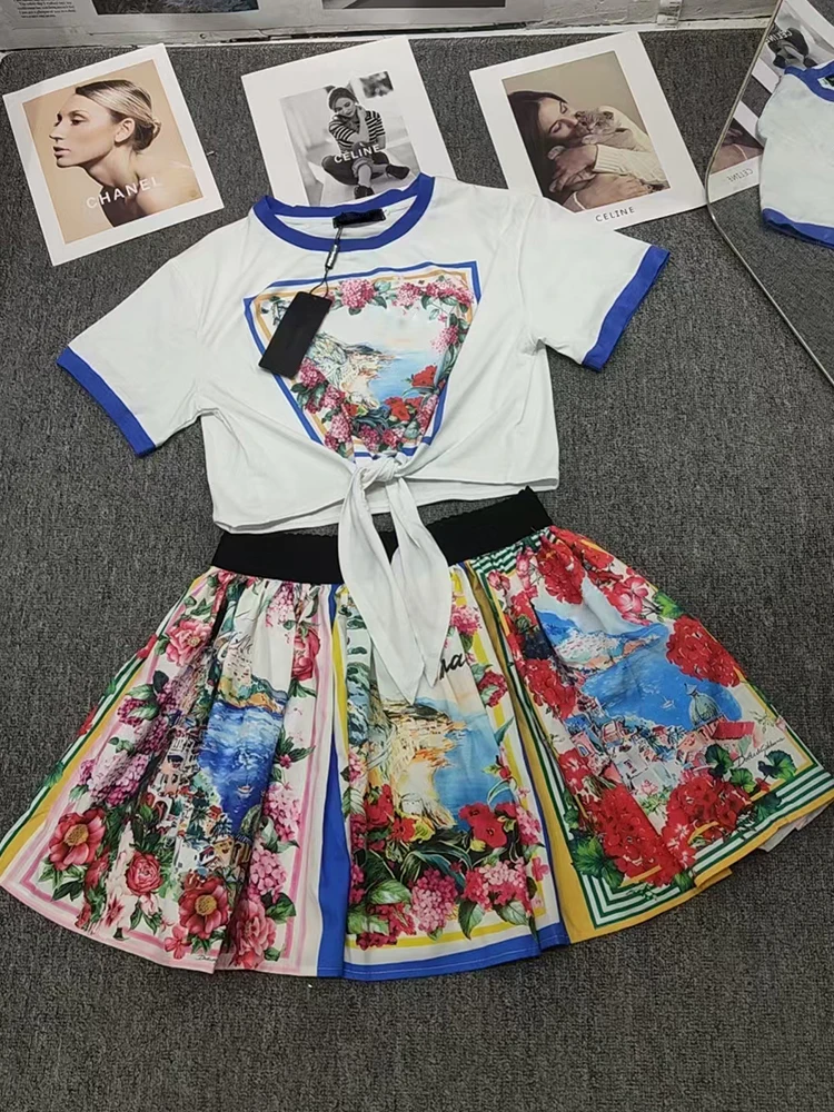 Женский вязаный комплект из двух предметов с винтажным принтом пейзажа