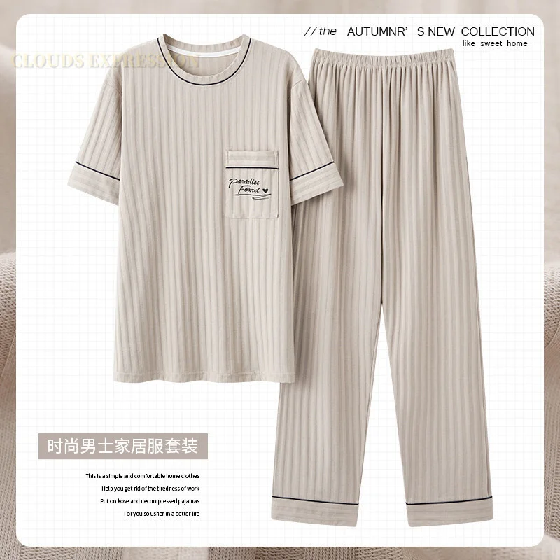 

L-5XL Summer Eleant Men Pyjamas Knited Cotton Pajamas Set Lon Pant Sleepwear Pyjamas Nit Suits Pijamas Plus Size omewear PJ