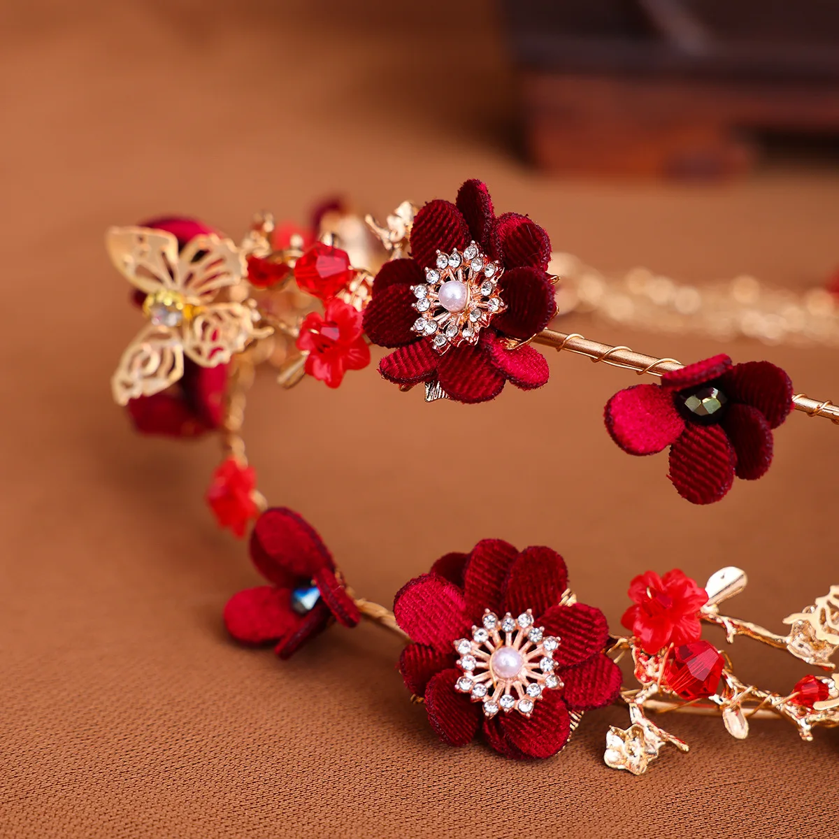 Китайский красный цветок длинная повязка на голову с кисточками комплект серег