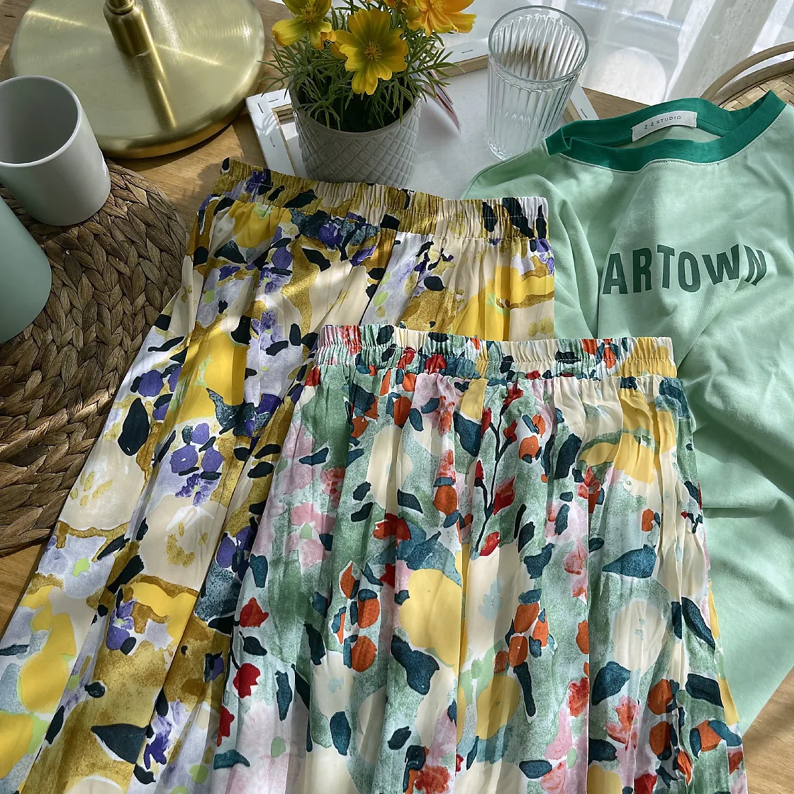 

Tulip Florals Skirts Office Wear Hot Printed A-Line 2022 Summer Women Office Lady New Sweet Chic Gentle Mid-Length OL