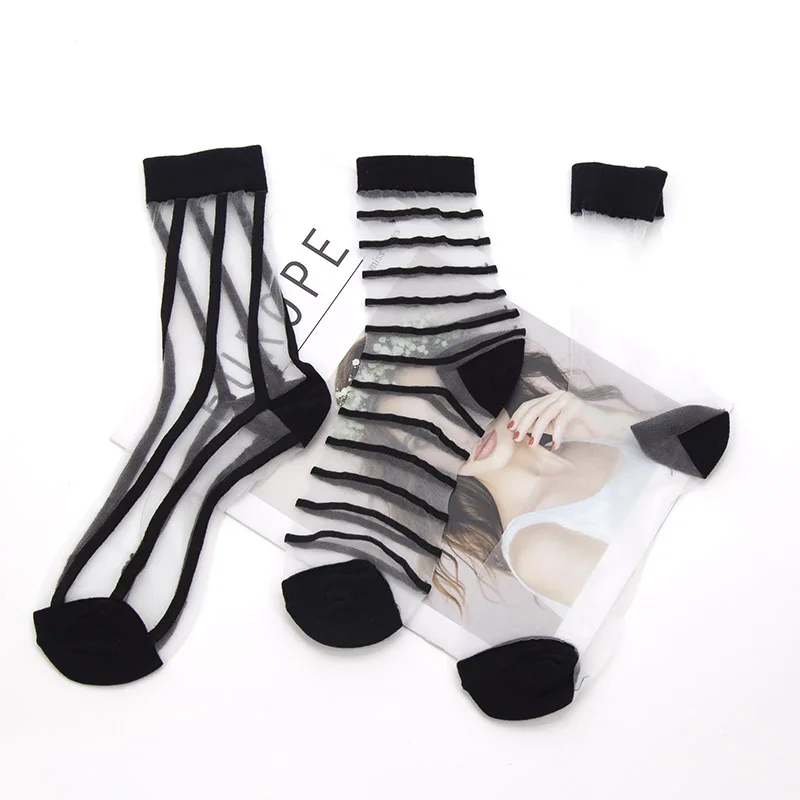 

New Women Black Sexy Lace Socks Summer Ultra-thin Transparent Mesh Crystal Glass Silk Socks Harajuku Casual Breathable Socks