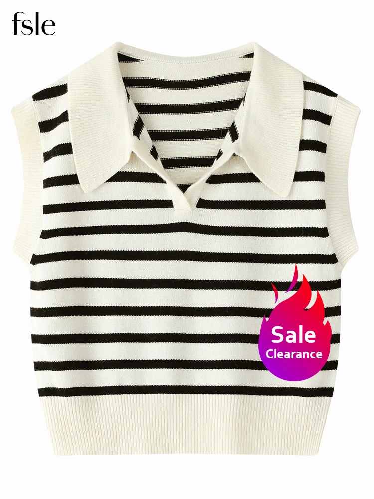 

FSLE 【Clearance Sale】Women Turn-Down V-Neck Collar Pullover Sweaters Vest 28.6% Wool Striped Knitted Vests Layered Vest