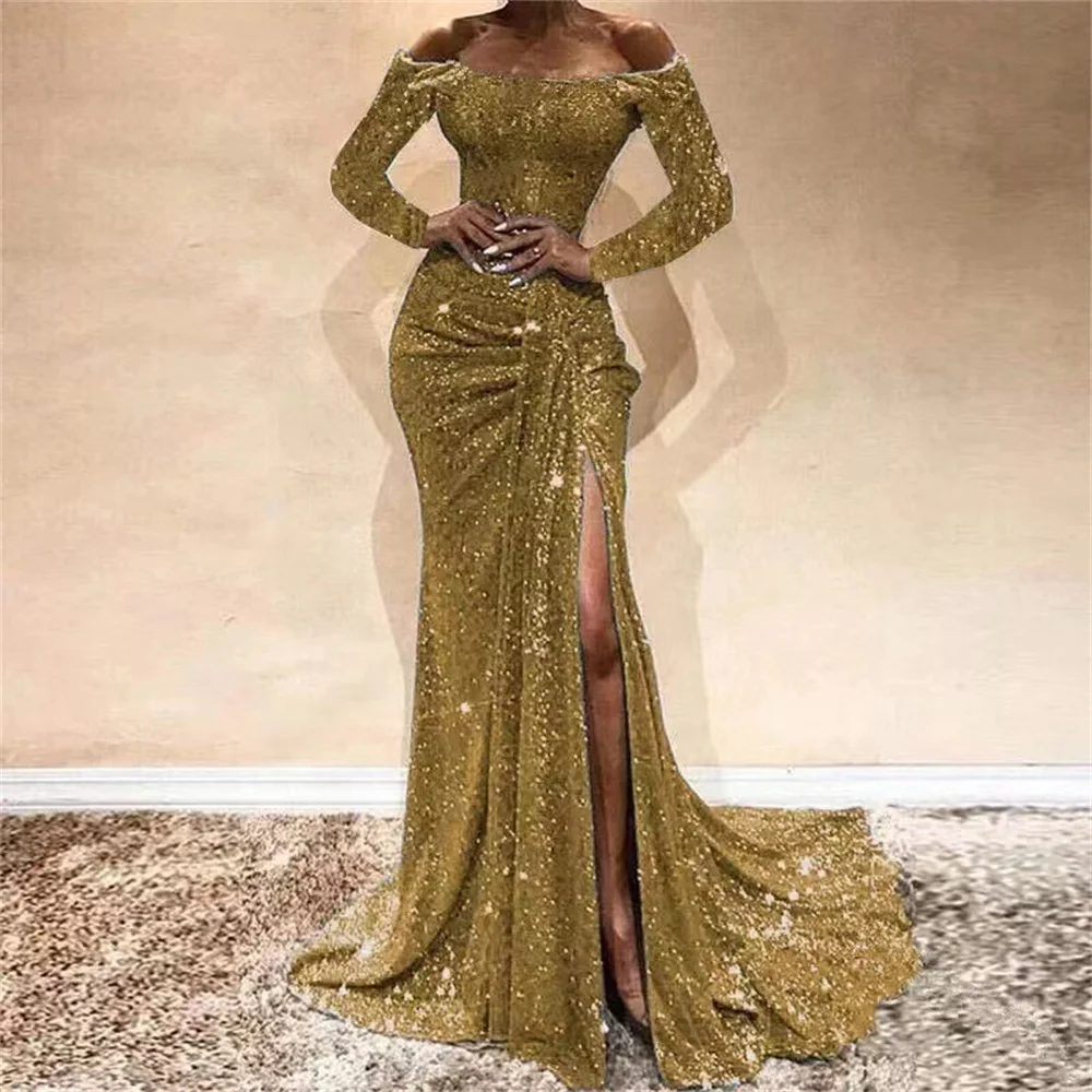 Women Fashion Sequins Prom Dress Sexy Off Shoulder Long Sleeve Party Dress Elegant High Side Split Mermaid Evening Gowns