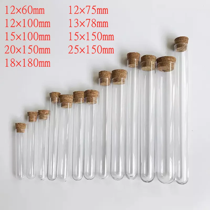 100Pcs/Lot DIA 12mm-25mm Lab Clear Plastic Test Tubes With Corks Stoppers Wedding Favor Gift Tube Laboratory School