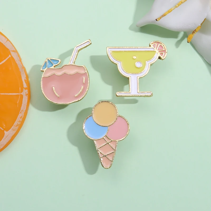 

Summer Beverage ice Cream Enamel Pins Juice Coconut Tree Brooch Lapel Pin Cute Cartoon Decorative Badge Jewelry Gift for Friends