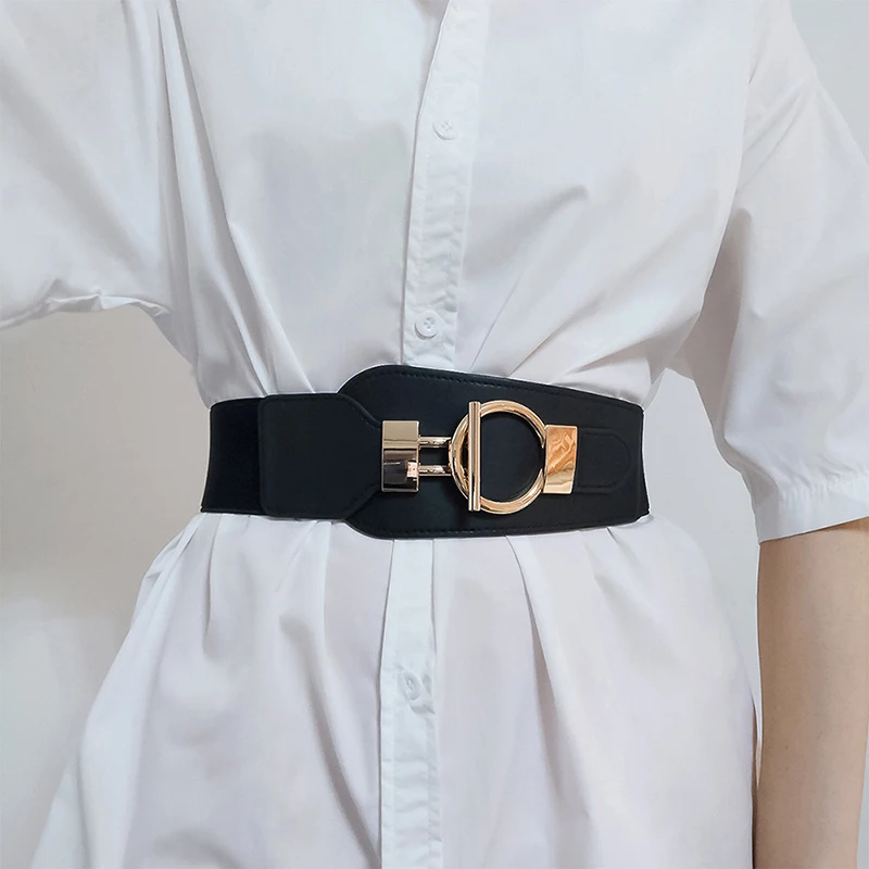 

New Decorative Wide Waist Seal Gold Buckle Belt Black Elastic Corsets For Women Waist Accessories Waistbands For Dress
