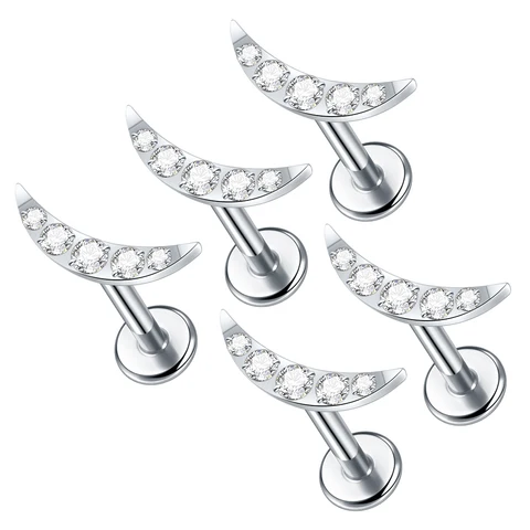 1/5 шт., титан, 16 г, полумесяц, пирсинг, ушной хрящ, CZ, топ, губная серьга, серьги-гвоздики для козелка, спираль, пирсинг для губ, женские украшения