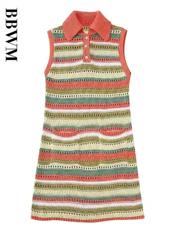 Striped Knit Dresses Women Sleeveless Lapel Dress 2023 Woman Knitted Mini Dress Vintage Summer Beach Dress Chic Female