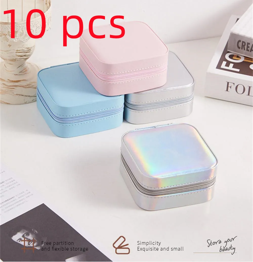 10PCS Rainbow Color PU Jewelry Box Earring Rings Portable Accessory Packaging Box With Mirror Jewelry Case Wholesale