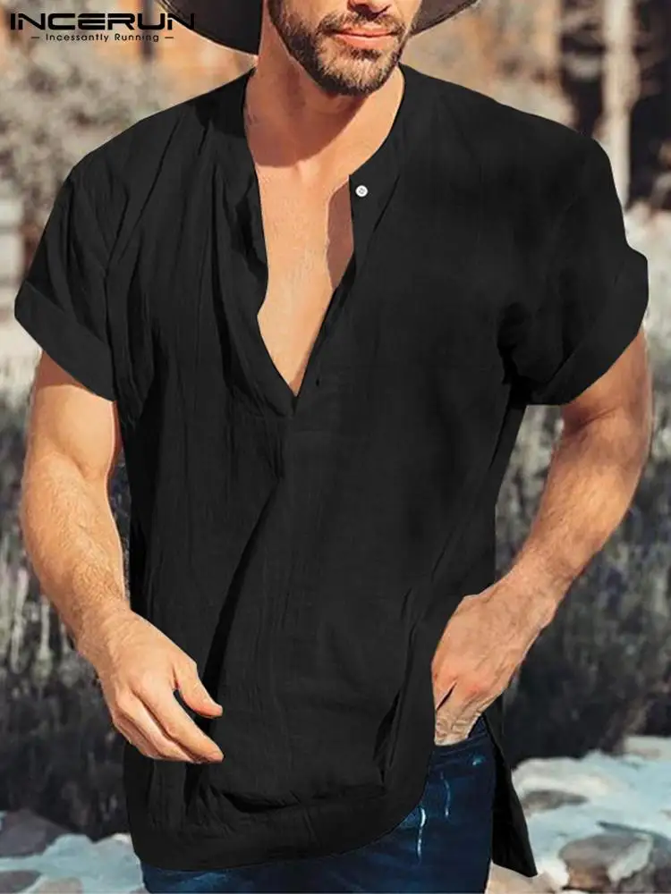 

Men Casual Shirt Cotton Solid Color 2022 O-neck Short Sleeve Men Clothing Harajuku Streetwear Breathable Camisas S-3XL INCERUN