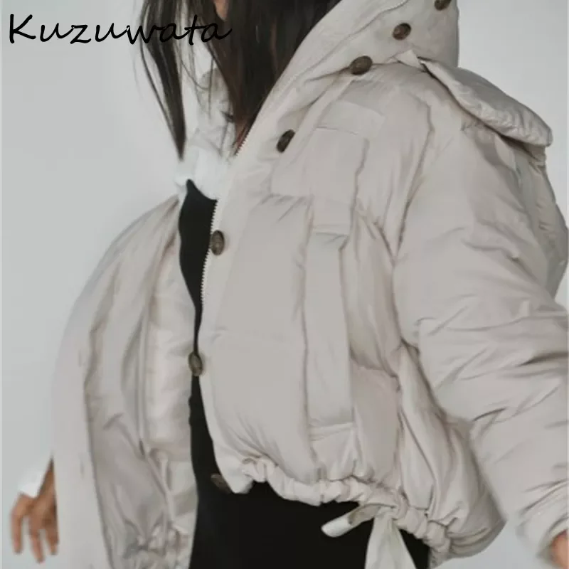 

New2022 2022 Winter New Fashion Cotton Outerwear Windproof Hooded Webbing Padded solid Down Jacket Japanese Women Warm Parkas