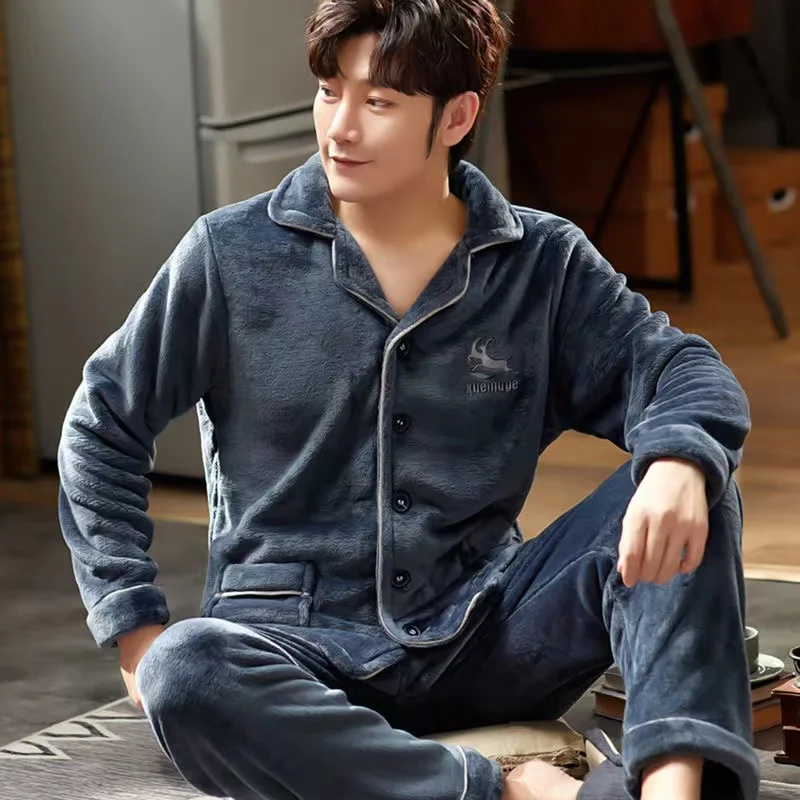 New Winter Thicken Warm Flannel Pajama Sets Men Coral Fleece Sleepwear 2pcs/Set Tops + Pants Home Clothes Male Pyjamas