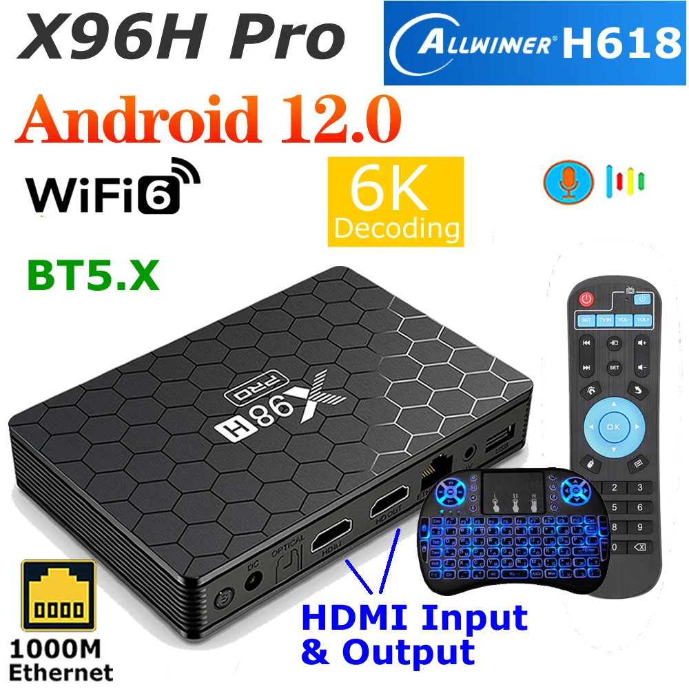 

TV Box 1000M HDMI Input and Output Android 12 X98H Pro Quad Core HD 4K 2.4G 5G WIFI Allwinner H618 4G 64G TVBOX 2023