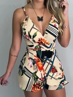 women rompers sexy v neck spaghetti strap floral print playsuits female beach sleeveless fashion casual belt jumpsuits summer