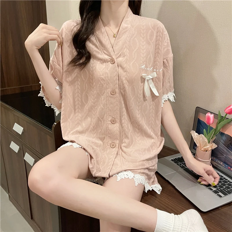 Pajamas Women Summer Cotton Large Size Short Sleeve 2-piece Set Sweet and Cute V-neck Thin Style Home Clothes Free Shipping