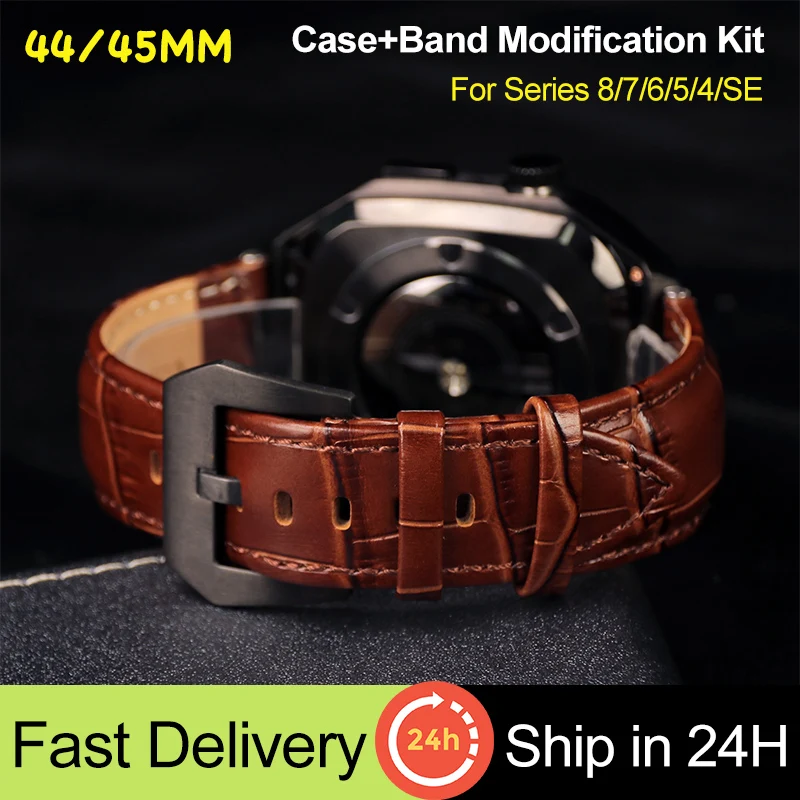 

Роскошный металлический чехол + ремешок для Apple Watch band 45 мм 44 мм, кожаный чехол из нержавеющей стали для iWatch 8 7 65, модифицированный комплект, че...