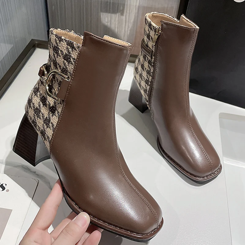 

Women Chelsea High Heels Ankle Boots Chunky Zipper Shoes 2023 Winter New Fashion Square Toe Women Boots Pumps Motorcycle Botas