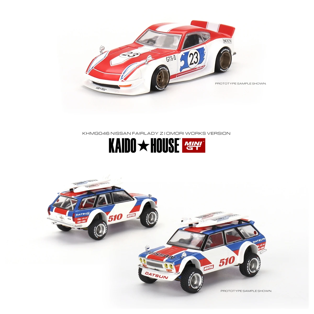 

Модель автомобиля Kaido House x MINI GT Nissan Fairlady Z GT Omori Works Datsun KAIDO 510 Wagon Surf Safari RS