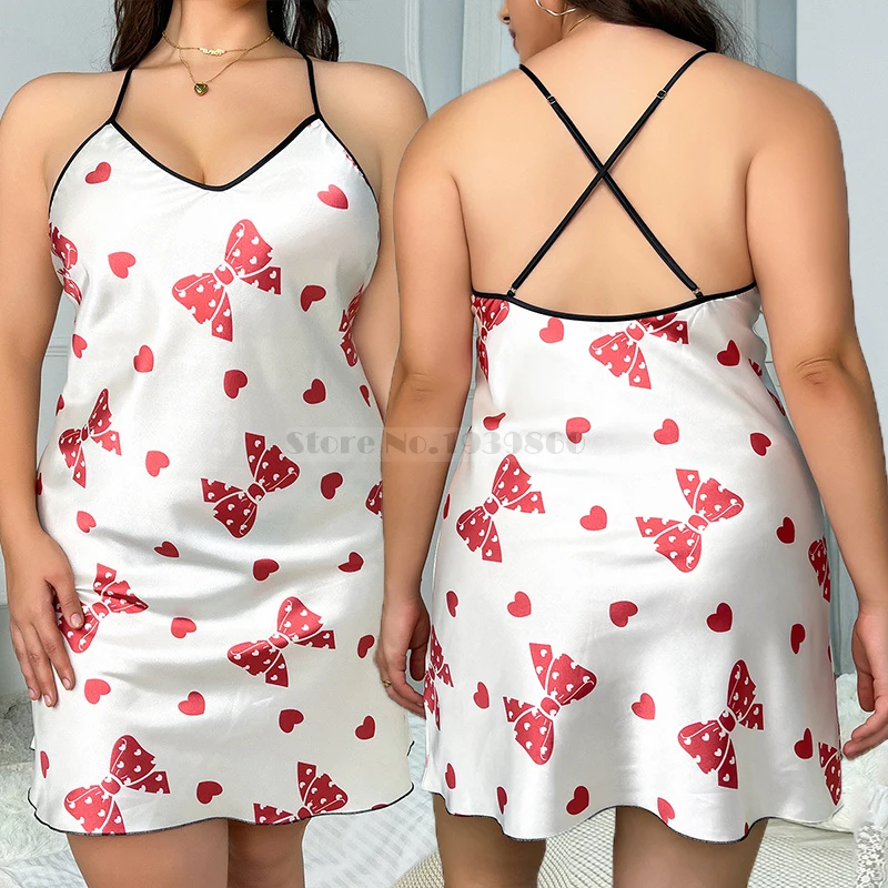 

Pink Print Butterfly Nightgown Sleepwear Sexy Mini Home Dressing Gown Loose Satin Lounge Wear Large Size 3XL 4XL 5XL Nightdress