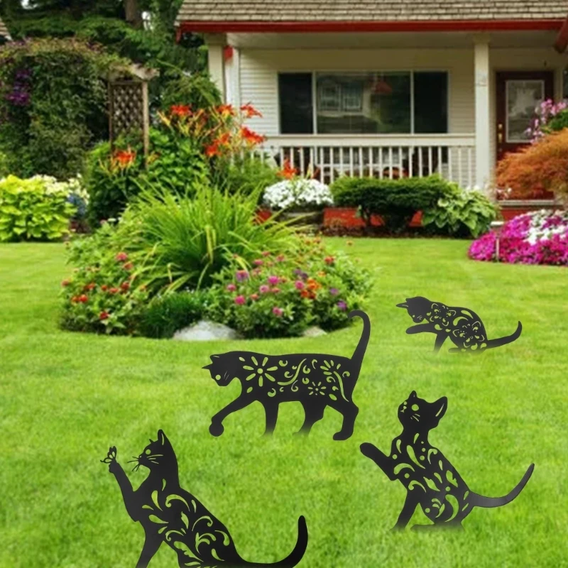 

4 Cats Silhouette Garden Stake Ground Plug Stake Ornament Decor Supplies for Garden Yard Lawn Decoration Props Supplies 87HA