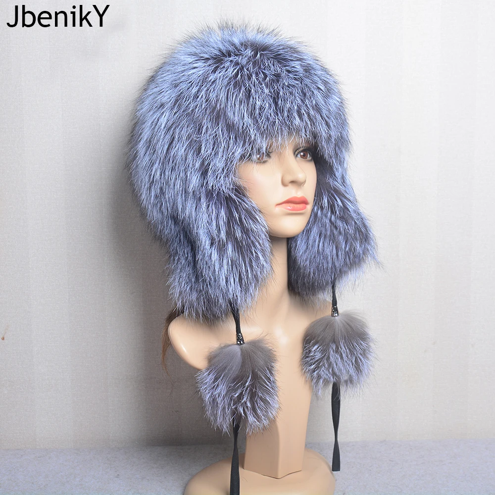 2023 New Luxury Women 100% Natural Real Fox Fur Hat Lady Winter Knitted Real Fox Fur Bomber Cap Warm Soft Fox Fur Beanies Hats